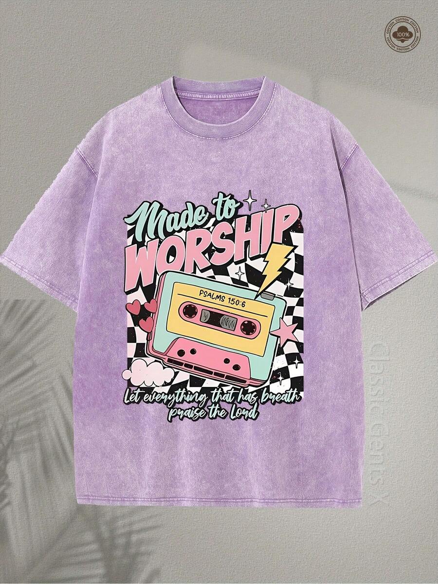 2026230G Washed Cotton High-Quality Patterned Printed T-Shirt, Vintage Christian, Made For Worship, Praise, Cassette, Men's Summer Crew Neck Short Sleeve, Suitable For Street Vintage Fashion And Outdoor Sports Leisure, Religious Gift; Unisex.,High-Quality Wax Printed Cotton Retro FashionBrand T-Shirt, Men's T-Shirt, Beach Must-Have, Men's Summer T-Shirt, Holiday Gift, Perfect Gift,Valentine's Day Gift - 紫色 - 查看 1