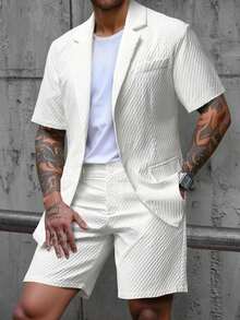 2pcs Men's Short Sleeve Suit Jacket And Shorts Set, Casual And Fashionable Daily Wear, Suitable As Gift For Male Friends - White - View 2
