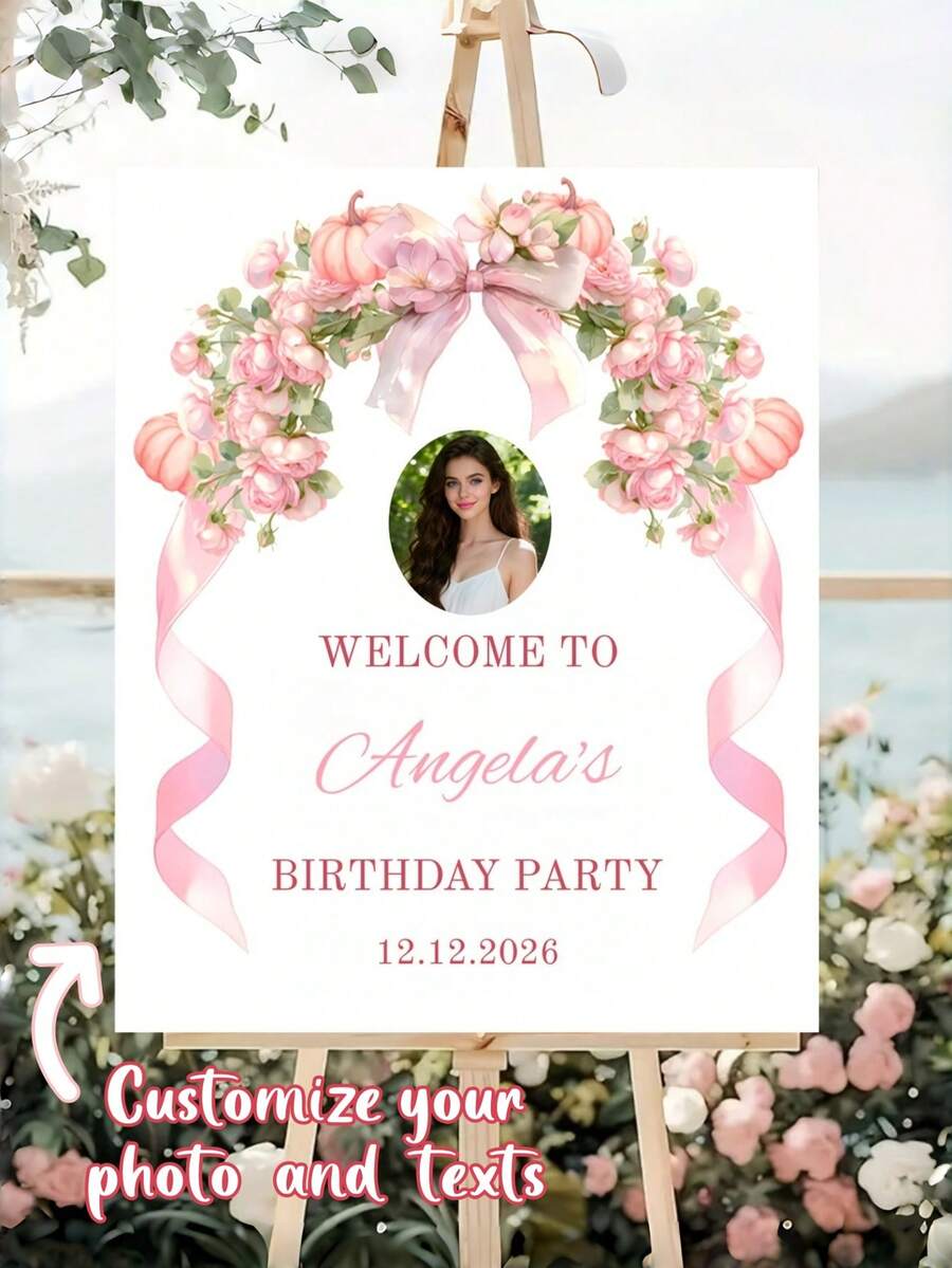 可定制花卉迎宾海报，可添加自定义文字和照片，大尺寸，适合婚礼、生日和其他场合。 - 彩色 - 查看 1