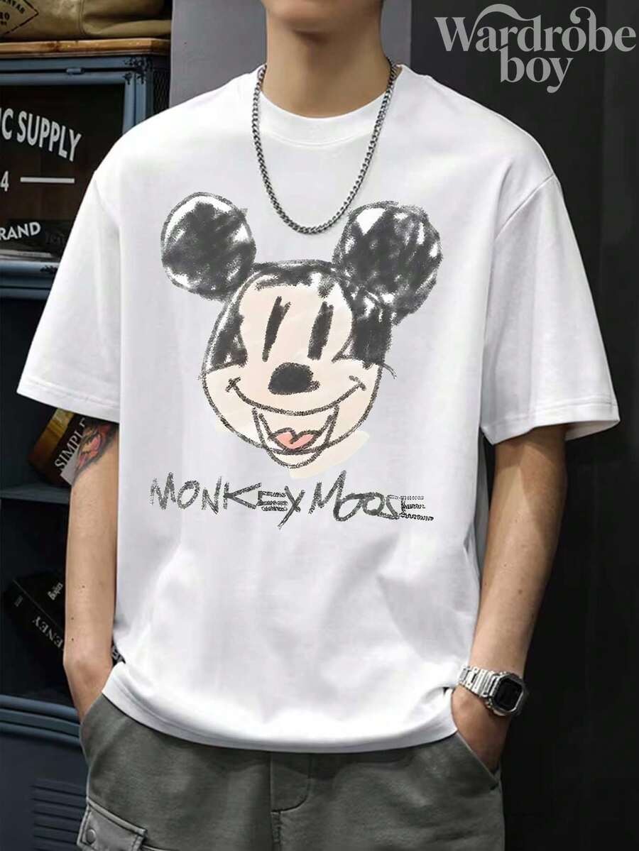 Disney Printed T-Shirt,Men's Artistic Graffiti Mickey Head Print  T-Shirt,Unisex,High-Quality Pure Cotton T-Shirt,Suitable For All Seasons, Comfortable And Breathable| Exquisite Design | The Best Choice For Giving Gifts - 白色 - 查看 1