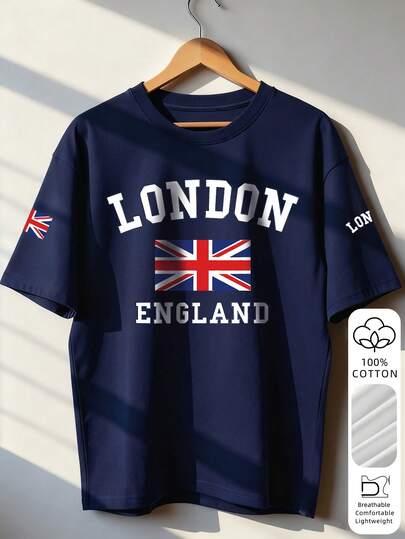 100% Heavy Cotton Women Loose Short Sleeve T-Shirt, Printed With "LONDON ENGLAND" And British Flag Pattern, Breathable And Comfortable, Versatile Casual Wear, American Retro College Style, Suitable For City Outings, Campus Looks And British Themed Parties Vacation Summer