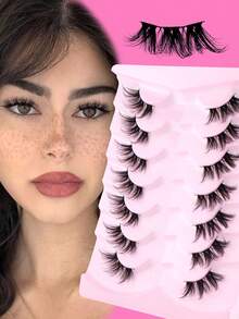 7 Pairs Natural Crossing Cat Eye Lashes, 3D Fluffy Curly Elongated Invisible Transparent Stem, Comfortable & Lightweight For Beginners - Half Eyelashes - View 1