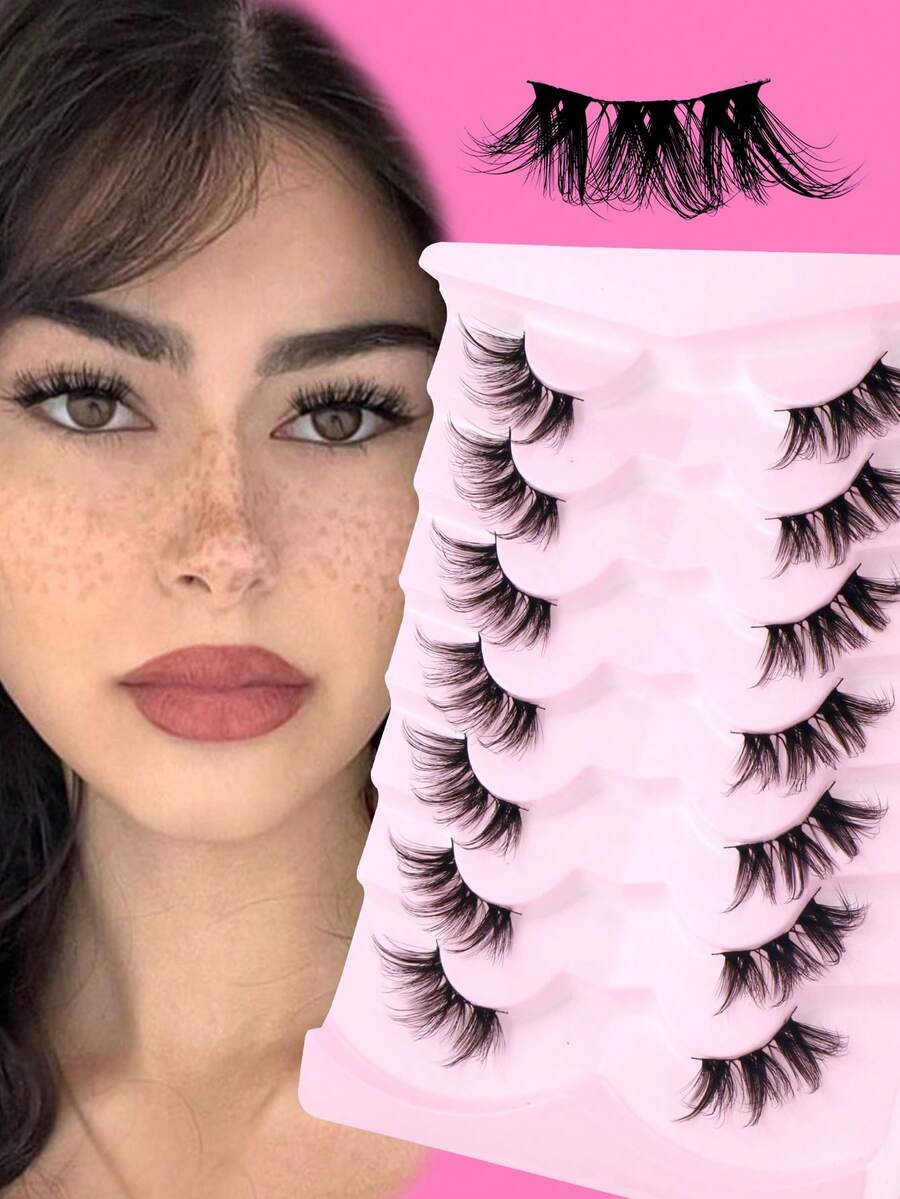 7 Pairs Natural Crossing Cat Eye Lashes, 3D Fluffy Curly Elongated Invisible Transparent Stem, Comfortable & Lightweight For Beginners - Half Eyelashes - View 1