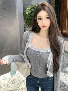 Spring/Summer New Sexy Lace Trim Knit Cardigan Jacket, Button-Up Women's Hollow Out Camisole Two Pieces Knit Sweater Set, Suitable For Valentine's Day, Outing, Home, Commute, Date - Grey - View 1