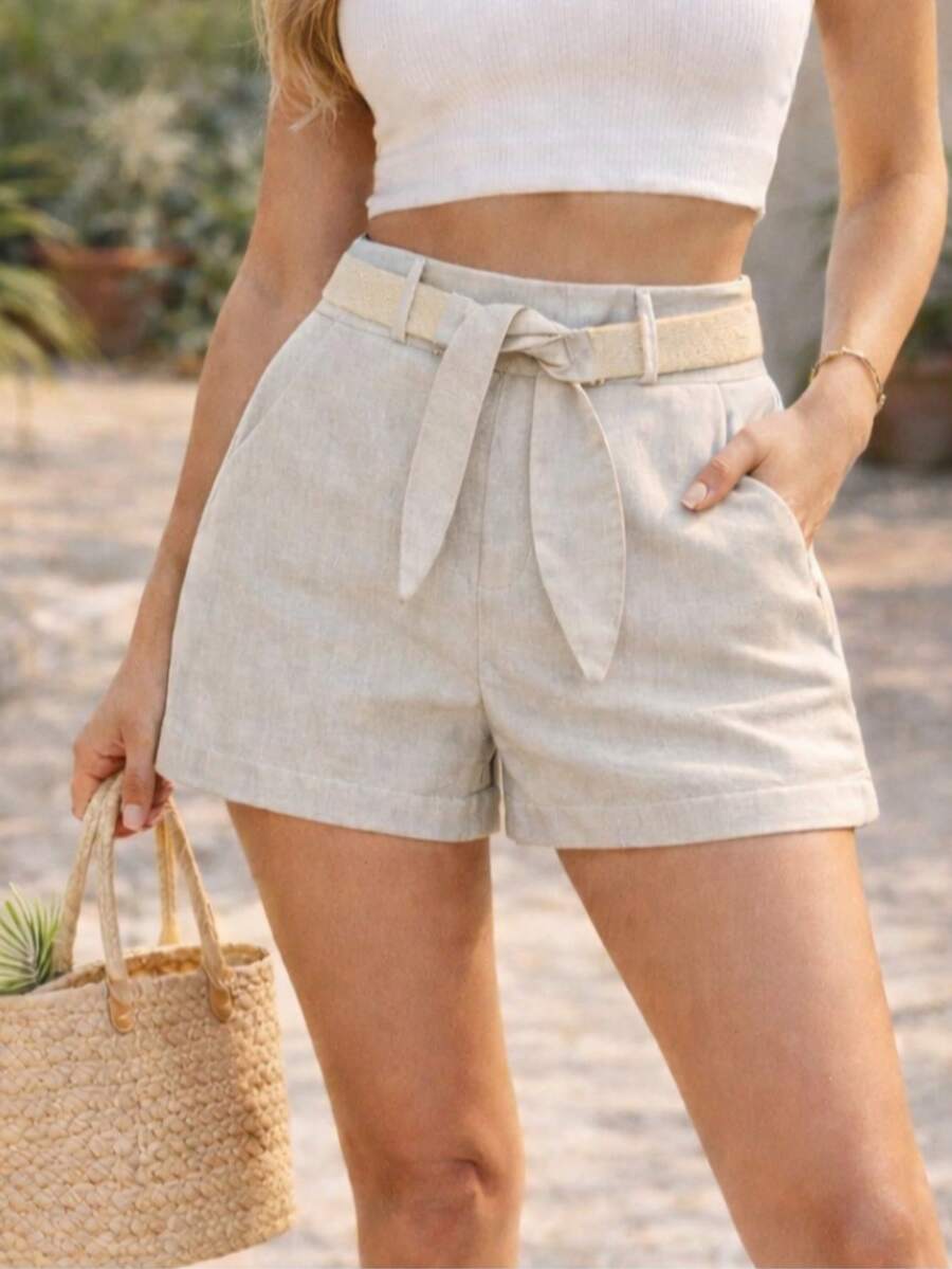 Women's Linen Shorts, High Waist With Belt And Pockets, Casual, Comfortable And Stylish - Beis - Ver 1