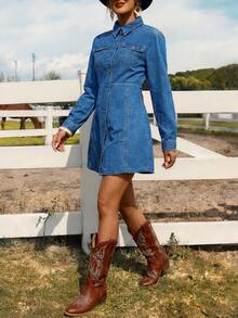 女士西部牛仔衬衫裙，浅色水洗A字迷你连衣裙，纽扣前开襟牛仔节服装 - 中等水洗藍 - 查看 2