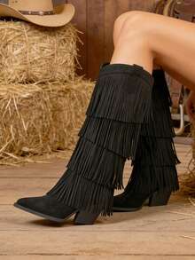 Women's Cowboy Boots Black Boots Knee High Fringe Decoration Pointed Toe Chunky Heel Summer Boots Country Concert Cowgirl Festival Shoes Outfits For Women Boots - màu đen - Xem 6