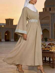 Ramadan Embroidery Jalabiyas Elegant Modest Abaya Long Dress For Women Evening Party - Khaki - View 3