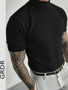 Camisa polo de punto de unicolor de manga corta de verano para hombres GRDR, adecuada para salidas de verano, esencial para un estilo de moda - Negro - Ver 4