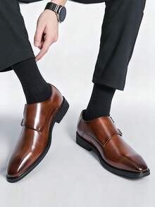 Classic Retro Men's Monk Strap Leather Dress Shoes, Pointed Toe Double Buckle Slip-On Loafers, Gentleman Formal Shoes Suitable For Middle-Aged, Young, Students Back To School, Graduation Ceremony, Office, Party, Wedding, Bridegroom, Spring/Summer/Autumn, Plus Size Formal/Business Formal - Double Buckle Monk Dress Shoes - View 11