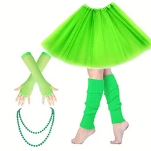 Conjunto de 4 piezas de estilo de los 80 para mujer, que incluye falda abullonada, guantes neón y collar, adecuado para celebraciones retro de los 80 - Multicolor - Ver 4