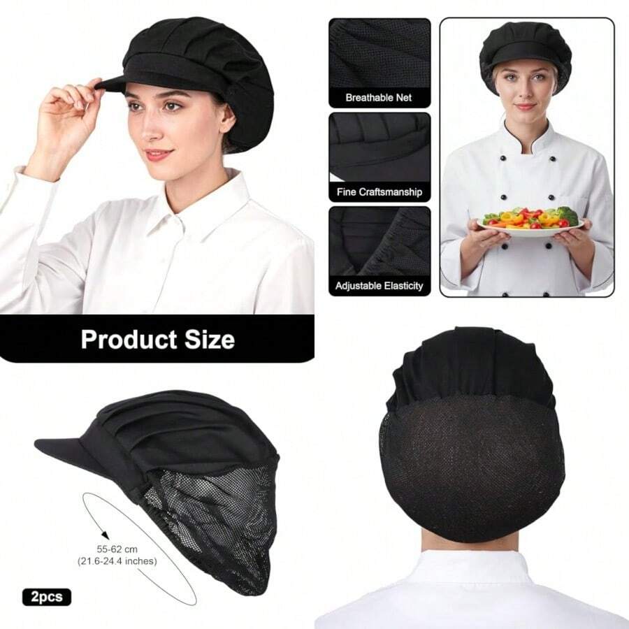 2Pcs Chef Hat Kitchen Baker Cooking Hair Nets Kitchen Cooking Chef Cap Food Service Work Hair Nets Elastic Kitchens Cook Hat With Brim For Women Men - như hình ảnh - Xem 1