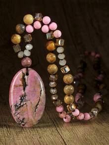 Bohemian Handmade Knotted Natural Stone Long Necklace, Vintage Oval Sodalite & Rhodonite Pendant Necklace, Retro Couple Necklace - Multicolor - View 1