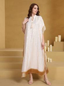 2026 New Style Ramadan Traditional Elegant Dress, V-Neck Jalabiya With Tassels, Embroidered Gold Beaded Flowing Dress - Beige - View 9