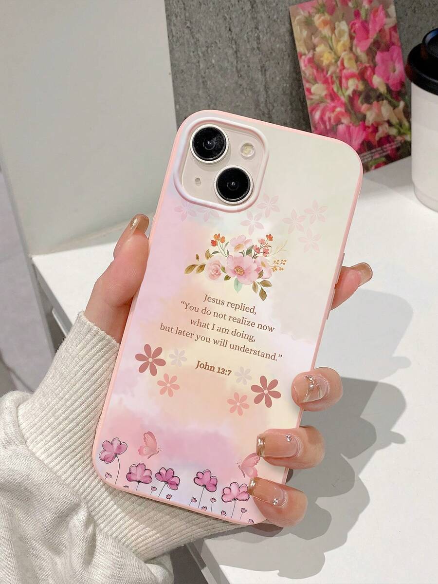 1个印有约翰福音13:7经文和水彩花卉图案的粉色手机壳，粉色渐变防震基督教信仰美学设计手机壳，兼容，适合基督徒、信仰爱好者、母亲节、生日和日常使用，国际版，非国内版 - 粉色 - 查看 1