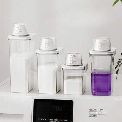 Botella recargable de gel de ducha y cubo de almacenamiento, caja de almacenamiento de detergente para la ropa, cubo de plástico transparente de gran capacidad, dispensador de botella de líquido de jabón con taza medidora, anti-goteo y a prueba de fugas, dispensador de líquido con forma de embudo, suministros esenciales para el hogar para el baño y la lavandería