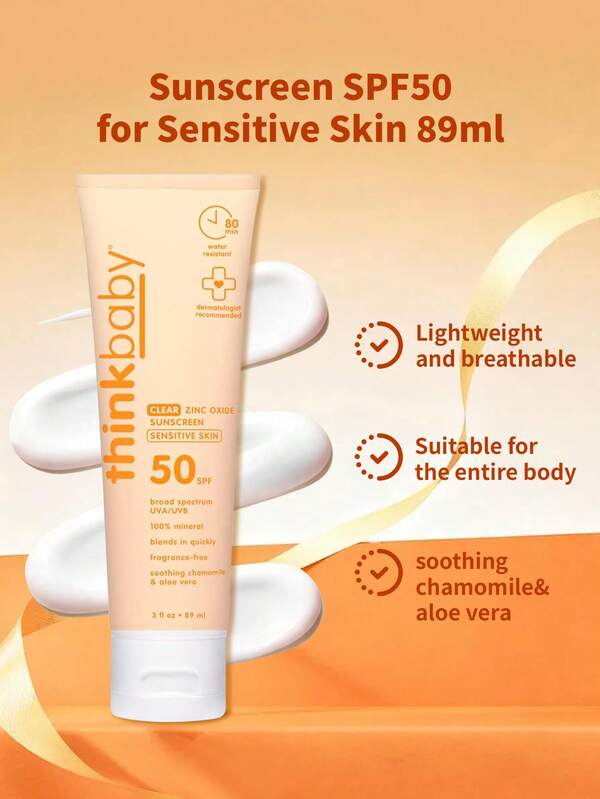  Thinkbaby 敏感肌肤防晒霜 1 支，89 毫升，SPF50，温和低敏，无香型物理防晒配方，蕴含舒缓洋甘菊和芦荟成分，适合敏感肌肤，儿童户外及日常使用。