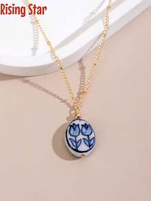 1 Piece Of Exquisite And Fashionable Hand-Painted Tulip Pattern Ceramic Pendant Metal Necklace, Suitable For Daily Wear By Ladies. - Tulip Necklace - View 4
