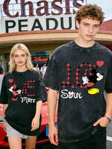 Disney Mickey And Minnie Love Soul Mate Couple Vintage Washed T-Shirts180g Washed Cotton Mickey And Minnie Flower Bouquet Loose Short-Sleeved Couple's Outfit - 黑色 2 - 查看 1