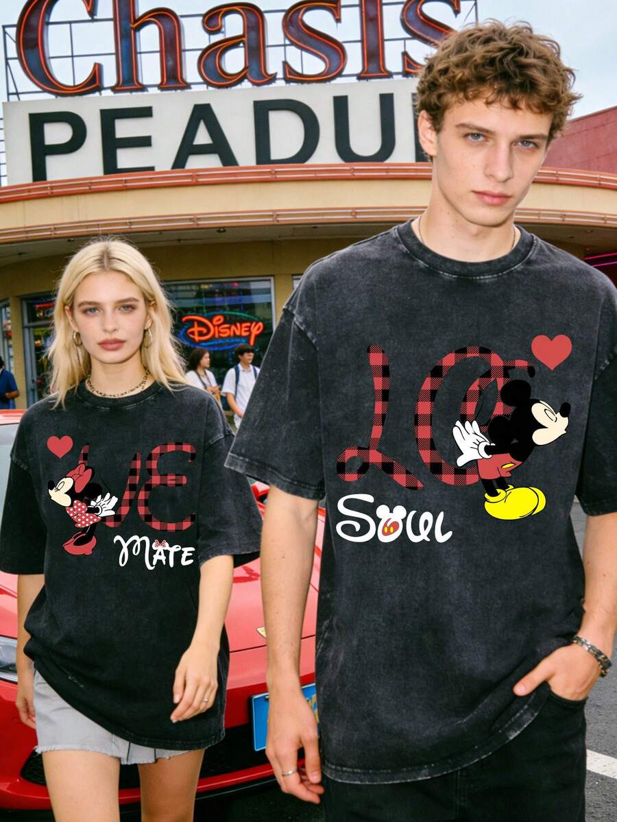 Disney Mickey And Minnie Love Soul Mate Couple Vintage Washed T-Shirts180g Washed Cotton Mickey And Minnie Flower Bouquet Loose Short-Sleeved Couple's Outfit - 黑色 2 - 查看 1