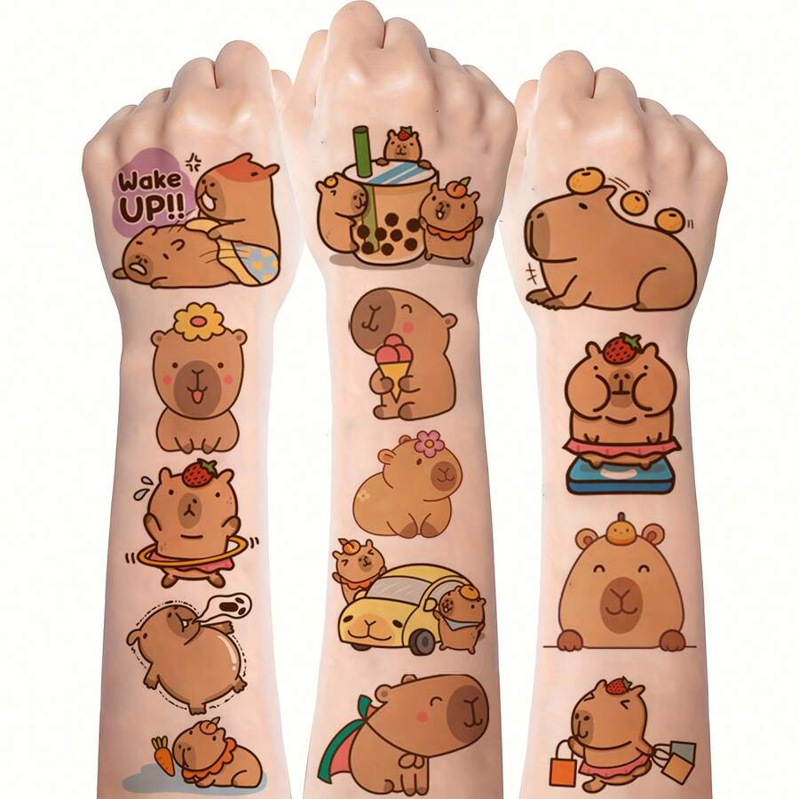 30pcs Capybara Stickers, Cute Dolphin Temporary Tattoos, Oblong Shape, For Birthday Gift, Animal Party Supplies - Multicolor - View 1