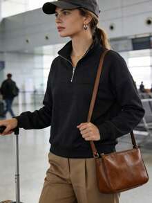 黑色半拉链都市现代风卫衣，女士休闲长袖套头衫，春季旅行及日常穿着 - 黑色 - 查看 4