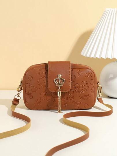 Fashionable Embossed Crown Pendant Tassel Crossbody Bag