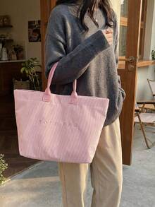 极简休闲托特包，大容量多功能手提包，条纹简约舒适字母手提包，小众设计腋下包，短途旅行购物通勤包 - 彩色 - 查看 10