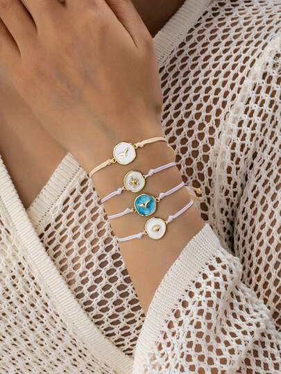 1 Pc Stackable Sealife Charm Bracelet, Gold Plated Sea Turtle Charm Rope Wish Bracelets For Women, Ocean Theme Multicolor Surfing Bracelets Bohemian Boho Chic Style Jewelry For Vocation