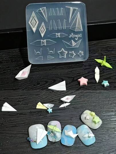 1个美甲模具，可制作折纸鹤、星星、飞机形状的透明硅胶美甲配件模具