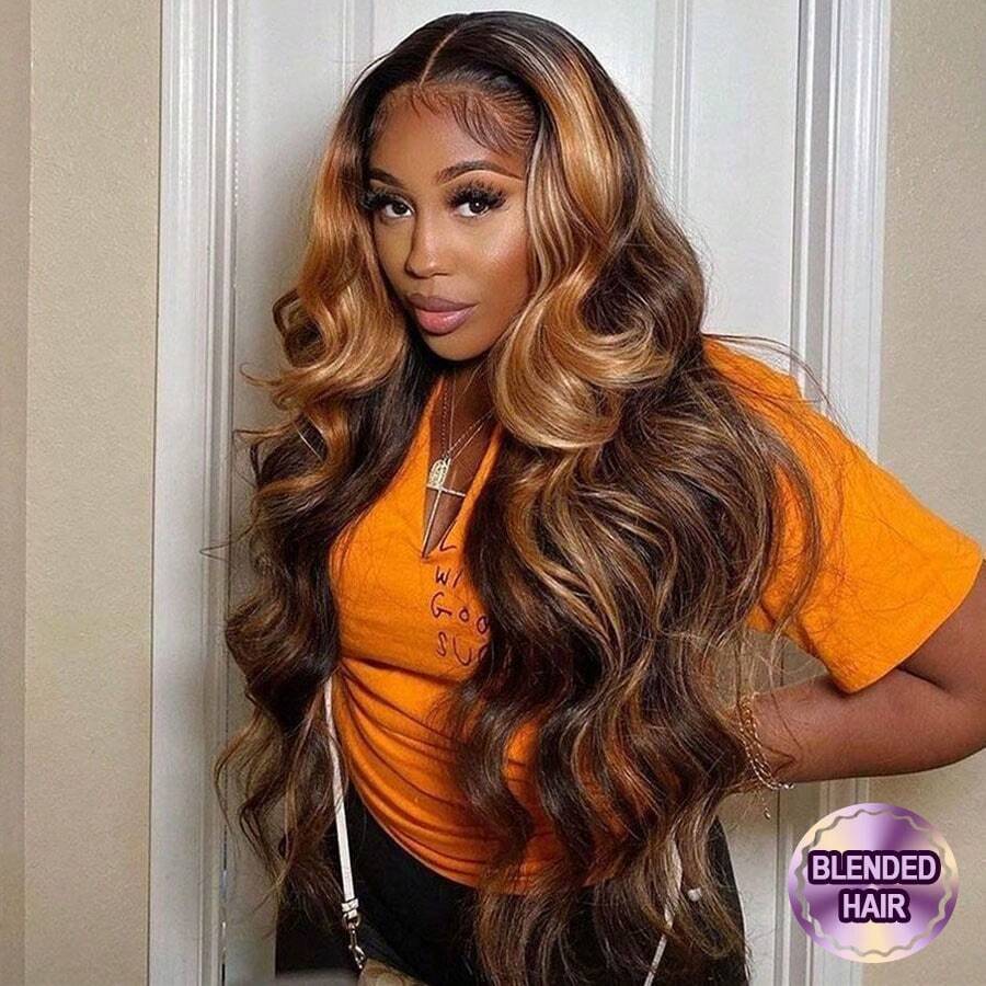 200% 密度无蕾丝前假发，#P4/27 高光 Remy 真人发混纺，13x4 前额波浪纹理，26 英寸自然发际线，适合初学者女性 - SP4/27 - 查看 1