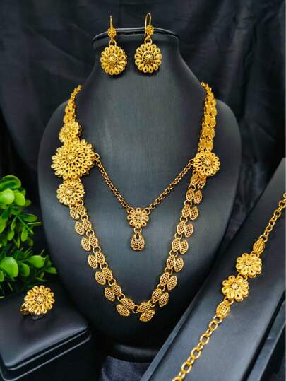 四件套花卉镀金项链、耳环、手链、戒指首饰套装，中东迪拜风格，美国、英国、法国、非洲新娘婚礼派对礼服配饰，情人节、母亲节、节日礼物