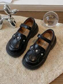 1双女童可爱公主厚底乐福鞋，透气柔软防滑百搭漆皮鞋，方便穿脱的婴幼儿学步鞋，复古风格，适合春、夏、秋季穿着。 - 黑色 - 查看 1