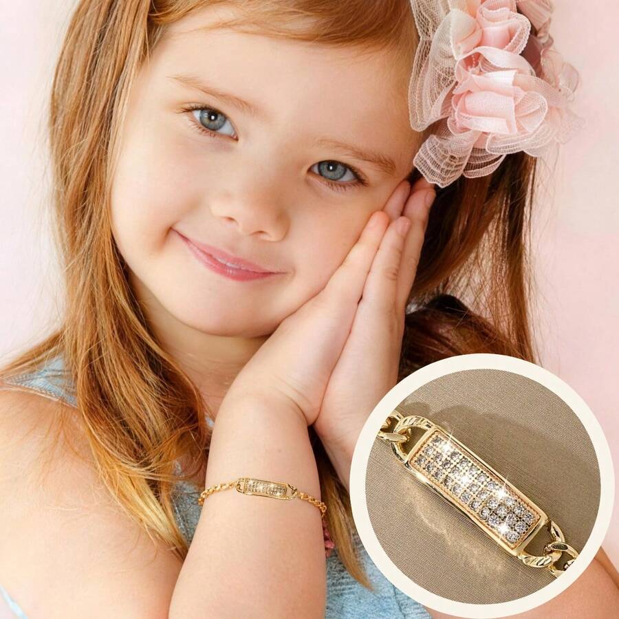 1件铜镶嵌锆石优雅可爱全钻儿童手链，适合女孩/男孩/家人/朋友，多功能，奢华，适合派对、宴会、节日、圣诞节、感恩节、万圣节等场合，可作礼物 - 金黃色 - 查看 1
