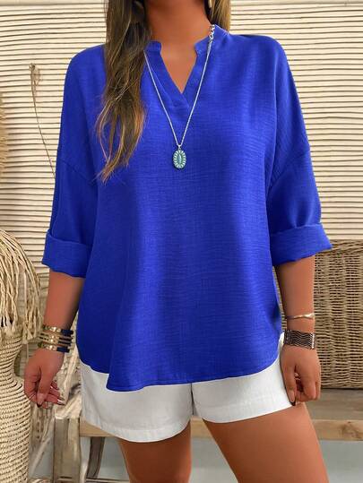 Plus Size Women Casual Solid V-Neck Loose Long Sleeve Shirt
