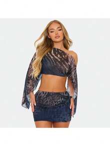 Women's Sexy Tiger Print Sheer Mesh Off Shoulder Long Sleeve Top Bodycon Mini Skirt 2 Piece Matching Set - màu đen - Xem 4