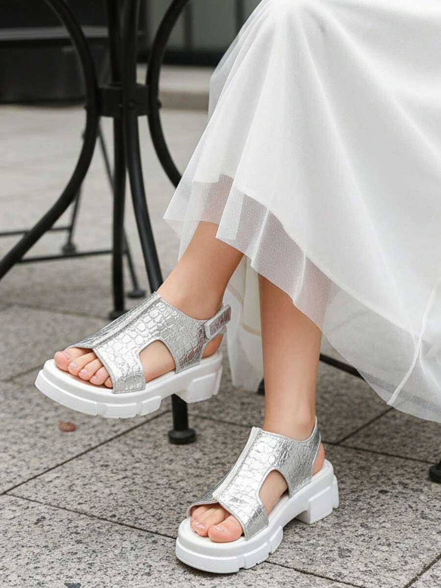 1双儿童夏季新款罗马凉鞋,鳄鱼皮纹,厚底,搭扣设计,波西米亚假日风压纹厚底,适合各种场合,包括节日庆典,适合2-15岁男孩女孩幼儿学生夏季郊游旅行海滩穿着。 - 銀色 - 查看 1