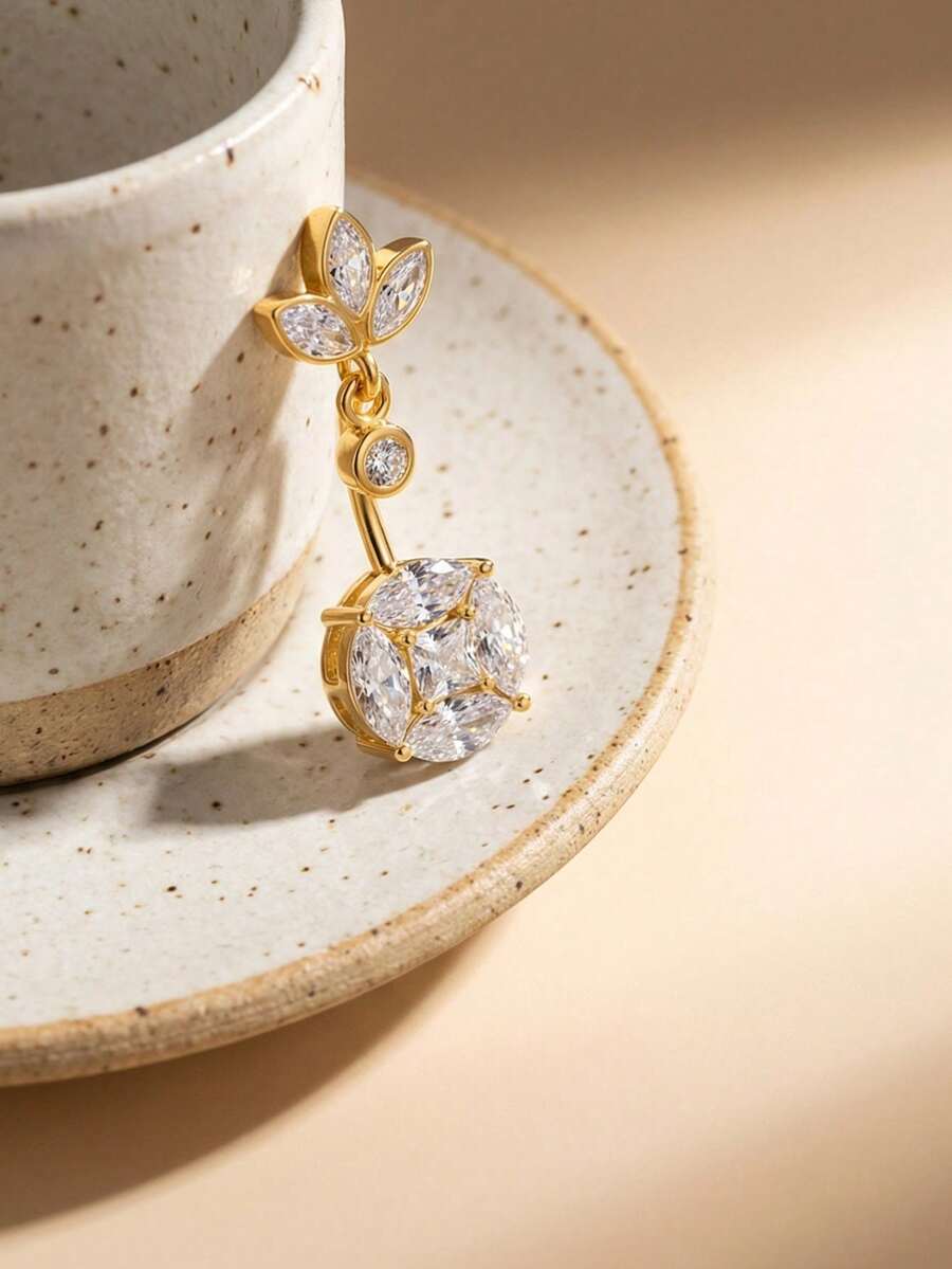 镀金弯杆肚脐环，医用不锈钢镶嵌闪亮锆石花朵，女士穿刺饰品，日常佩戴及节日礼物 - 彩色 - 查看 1