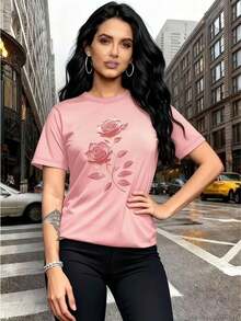 Women's Flower T-Shirt Blouse, 100% Cotton, Floral Fashion - 淺粉色 - 查看 1