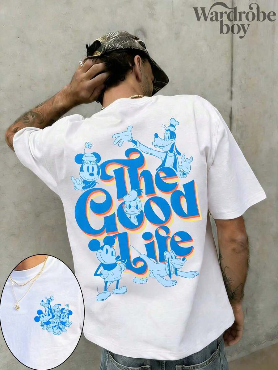 Disney Printed T-Shirt,Men's Mickey Mouse And Friends ''The Good Life'' Print T-Shirt,Unisex,High-Quality Pure Cotton T-Shirt,Suitable For All Seasons, Comfortable And Breathable| Exquisite Design | The Best Choice For Giving Gifts - 白色 - 查看 1