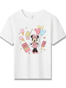 Disney Minnie Mouse With Ice Cream And Balloons Printed Pattern T-Shirts For Girls - Children's Clothing Design Short-Sleeved Casual And Cute Style Comfortable And Casual Wear All Year Round Suitable For Parties And Play Machine Washable Gift Children's Clothing Girls' Short-Sleeved Shirts - White - View 2