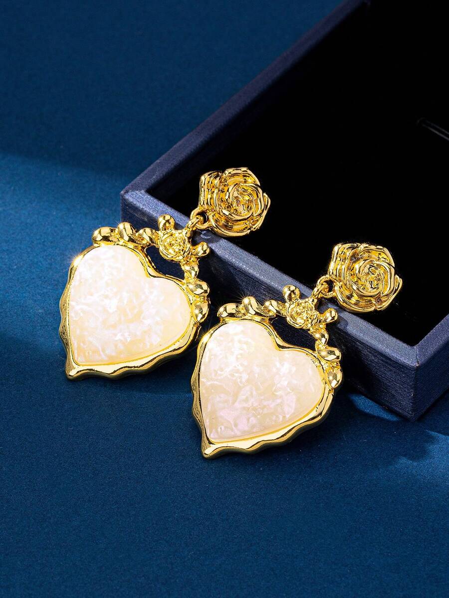 一对浪漫复古粉色心形吊坠夸张耳环，搭配闪耀宫廷风玫瑰花耳环，奢华时尚独特设计，适合情人节佩戴 - 粉色 - 查看 1