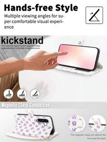 花朵造型斜挎翻盖PU仿皮钱包式手机壳，适用于三星Galaxy S26 S25 Edge S24 S23 Plus Ultra A57 A37 A17 A07 A56 A36 A26 A16 A06 A55 A35 A25 A15 A54 A34 A24 A14 A13，带卡槽、支架、腕带，具备RFID屏蔽功能，国际版，非国内版 - 紫色 - 查看 4