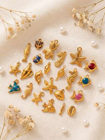 1pc Fashion Gold-Color Animal Series Seahorse, Goldfish, Tiger Fish, Shell, Starfish DIY Pendant, 18K Gold Plated, Waterproof And Fade-Resistant, DIY Jewelry Accessory, Necklace, Bracelet, Earring, Keychain, Bag, Women Jewelry, Wallet, Small Pendant, Gift