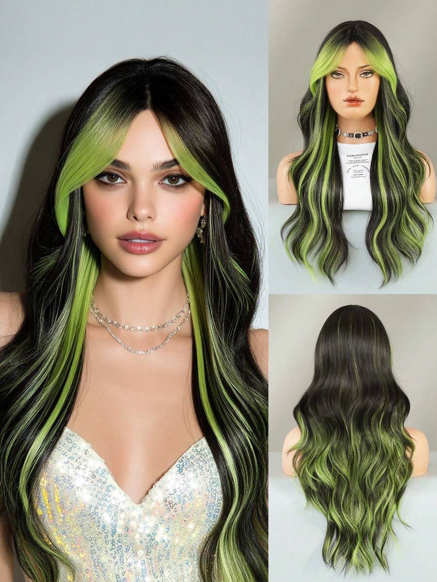 Tóc giả dài 26 inch, kiểu sóng nhẹ, màu đen, có mái xéo và điểm nhấn màu xanh lá cây, làm từ sợi tổng hợp chịu nhiệt, thích hợp cho nữ, dùng trong cosplay, hàng ngày và dự tiệc. - Điểm nhấn màu xanh lá cây - Xem 1