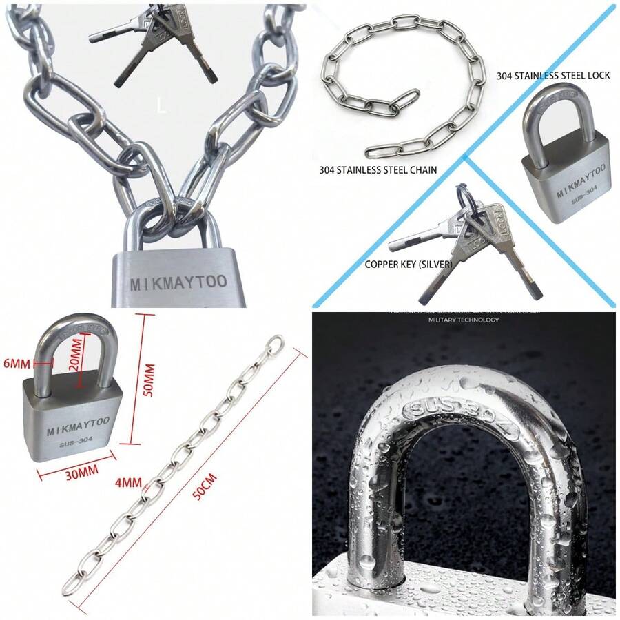 Cerradura de cadena para bicicleta, cerradura de cadena de puerta, materiales de acero inoxidable 304. No se oxida, resistencia - Candado de cadena de 20 pulgadas - Ver 1