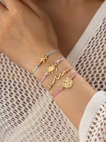 1 Pc Summer Beach Wave Bracelet - Handwoven Sea Turtle & Sand Dollar Charm Bracelets Set, Bohemian Boho Chic Jewelry For Wrist Stacking - Multicolor - View 7