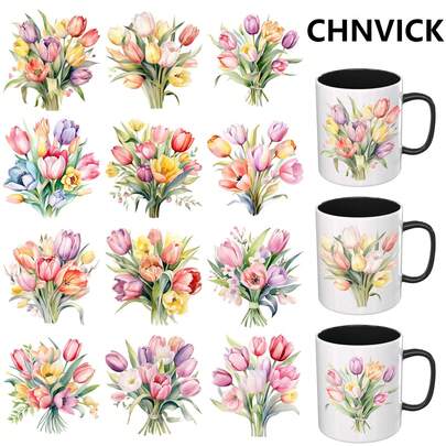 12 ชิ้น/ชุด CHNVICK UV DTF Cup Wraps สติกเกอร์มีกาวในตัวสำหรับแก้วกาแฟ, ขวดน้ำ, ของตกแต่งบ้าน, แล็ปท็อปและงานฝีมือ DIY ตู้เย็น (ไม่รวมแก้วกาแฟ)