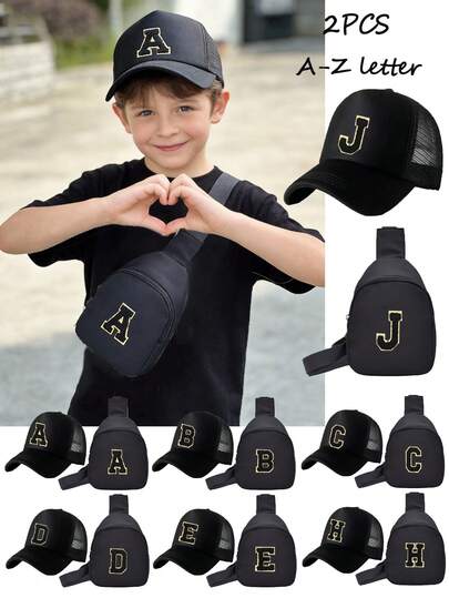 2pcs/Set Toddlers A-Z Letters Mesh Baseball Cap & Mini Chest Coin Purse Set, Children Breathable Sun Hat, Kids Lightweight Sun Protection Hat,Boys Girls Mini Pocket,Perfect For Outdoor Play Daily Leisure Shopping Travel Beach Play School Use