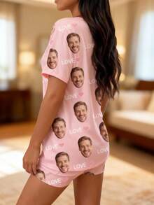1pc Women's Custom Face & Text Pajama Set, Black With Personalized Face, LOVE And Pink Heart Prints, Soft Fabric, Casual Style, Ideal For Home Wear - Pink - View 4